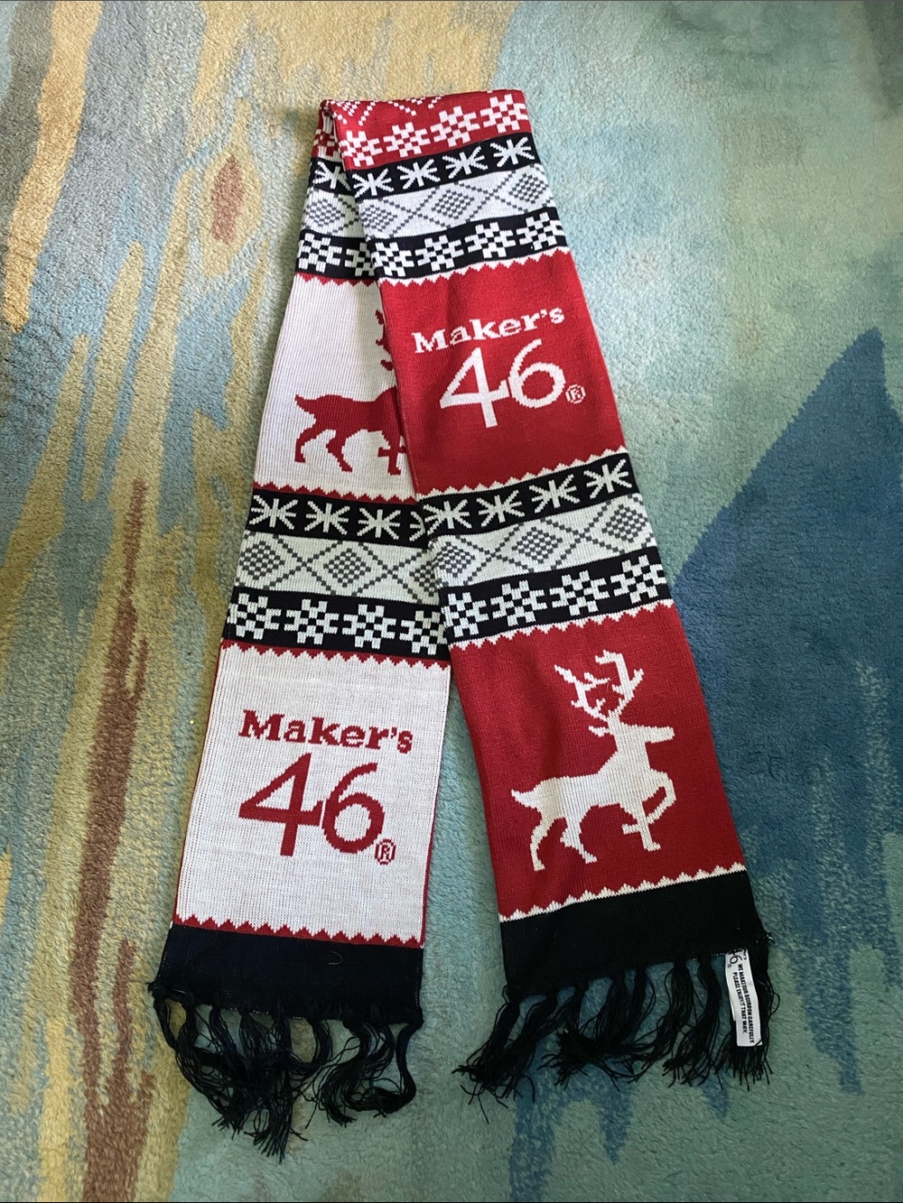 Maker's 46 Red & White Holiday Knit Scarf with Reindeer Motif